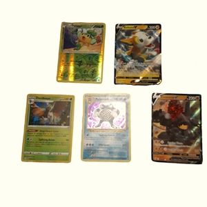 Decidueye, Poliwrath holo, Boltund V, coalossal V full holo, and pansage reverse